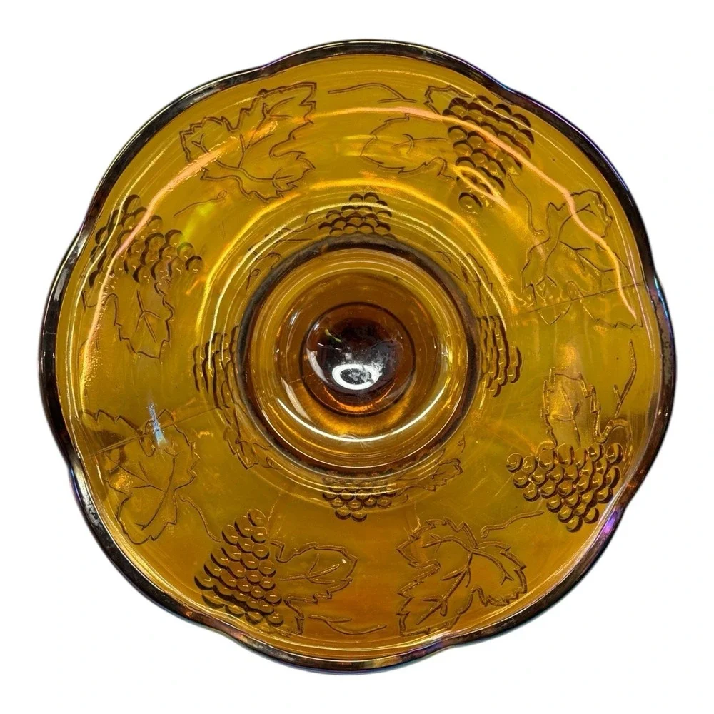 Indiana Glass Harvest Grape Compote Marigold Carnival Glass Wedding Bride's Bowl